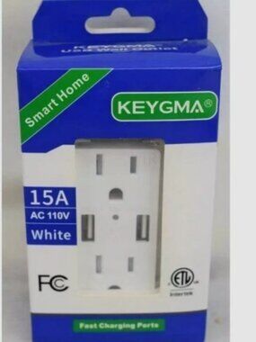 Keygma USB Wall Outlet 15 A AC110V White NIB New in Box (Pack Of 2 ) White. NEW